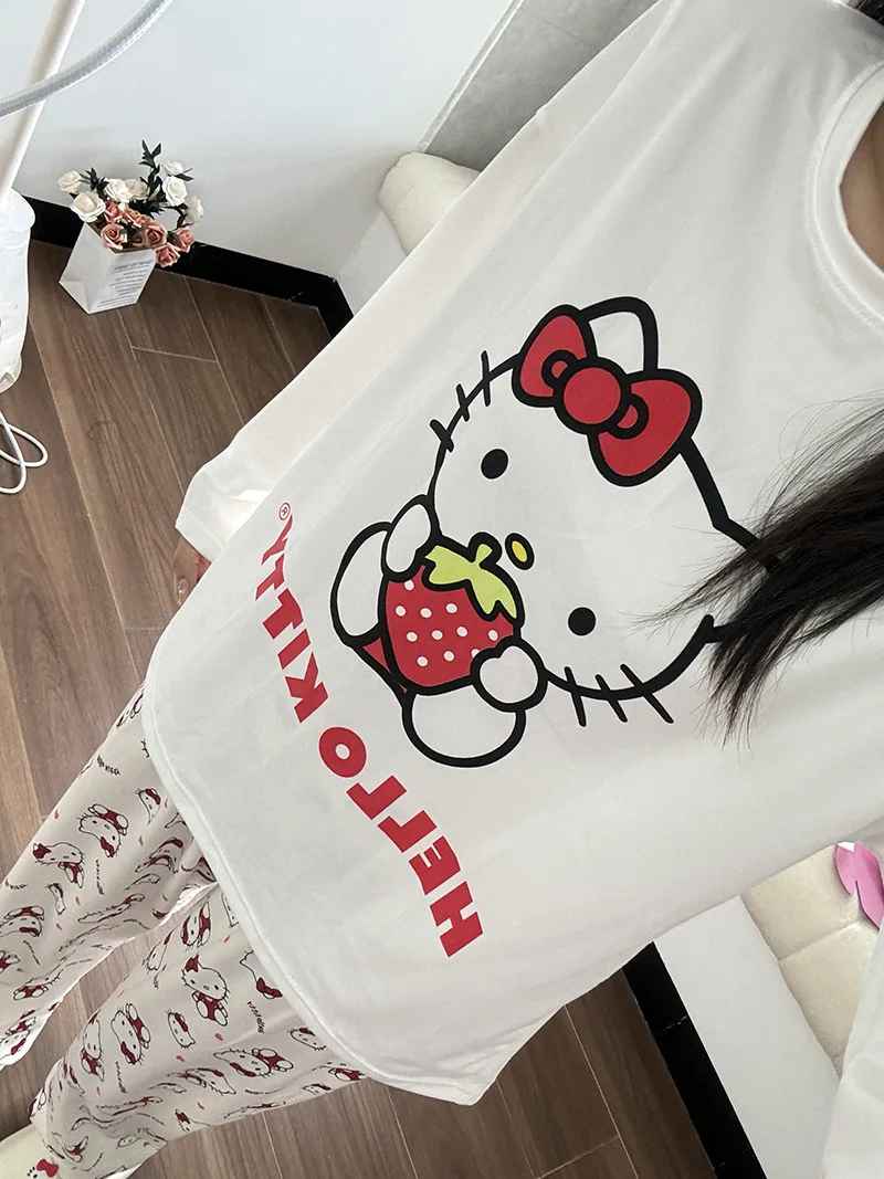 Women's Sweet Hello Kitty Print Pajama Set Autumn Winter Y2K Cute Two Piece Sleepwear Long Sleeve Top and Pants Loungewear
