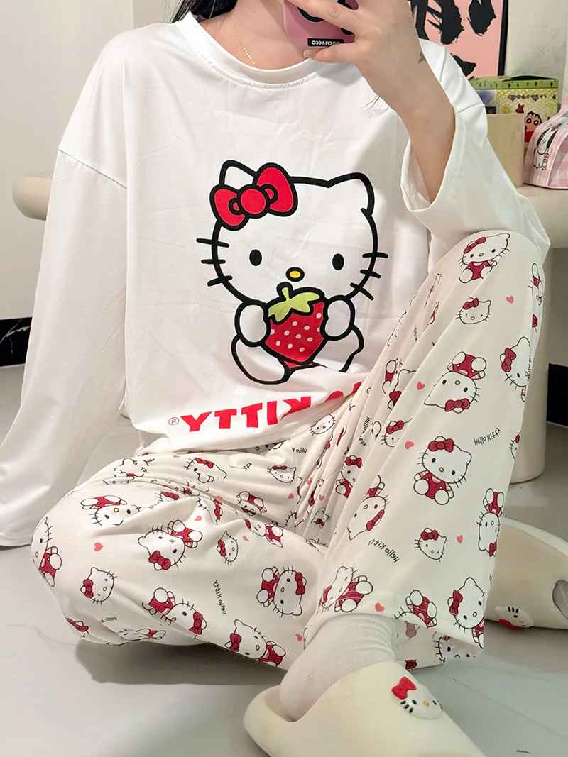 Women's Sweet Hello Kitty Print Pajama Set Autumn Winter Y2K Cute Two Piece Sleepwear Long Sleeve Top and Pants Loungewear