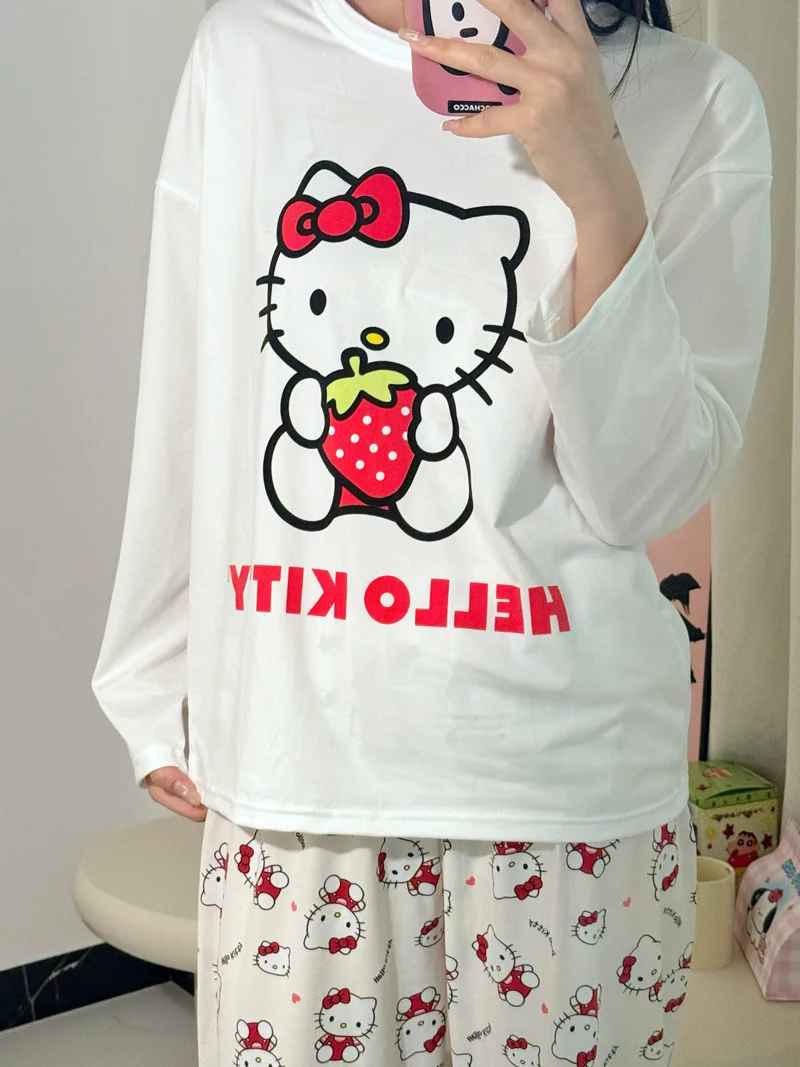 Women's Sweet Hello Kitty Print Pajama Set Autumn Winter Y2K Cute Two Piece Sleepwear Long Sleeve Top and Pants Loungewear