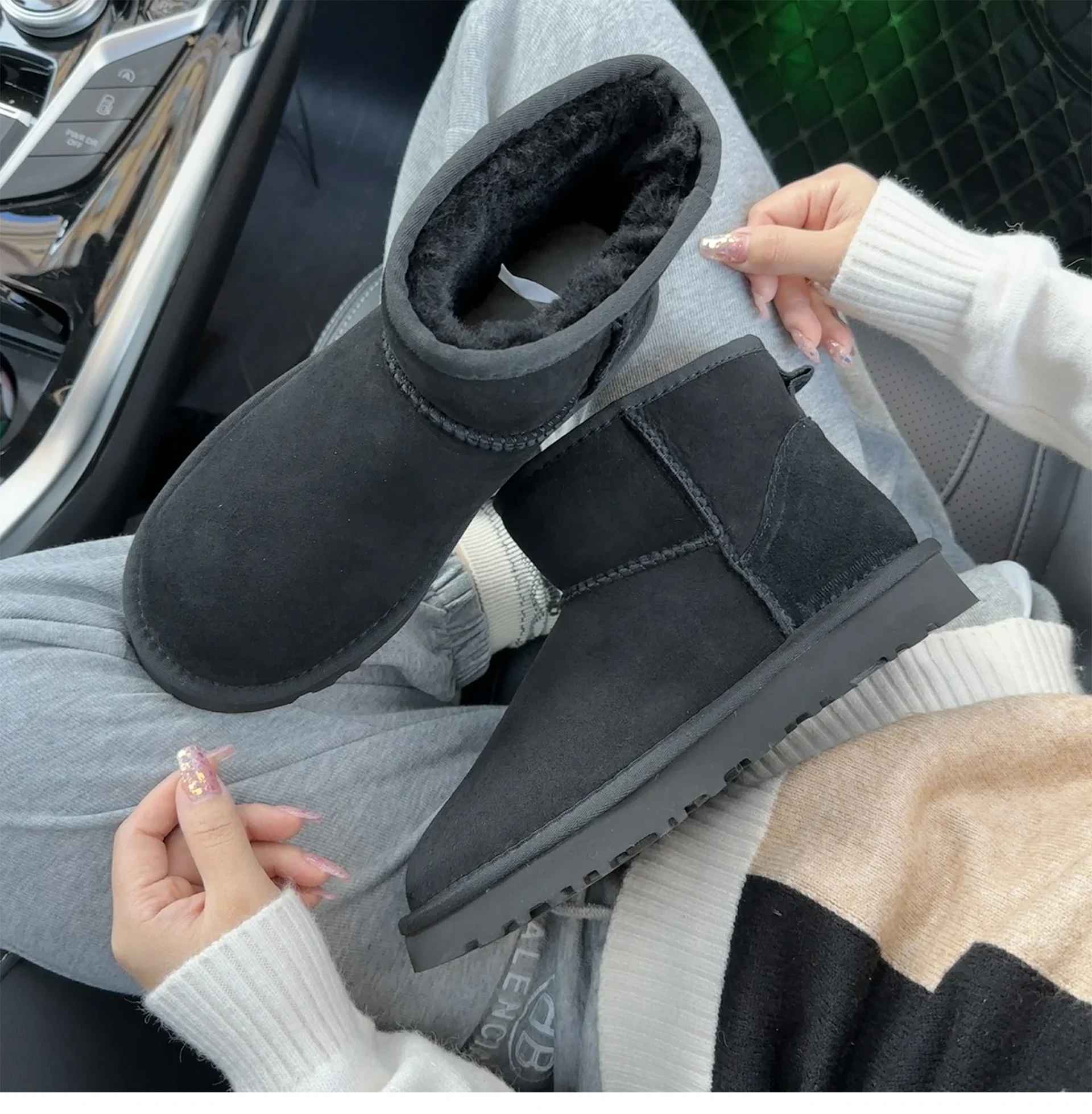 Men's and women's sheepskin and wool integrated snow boots, real leather and fur, winter thick and warm boots for women