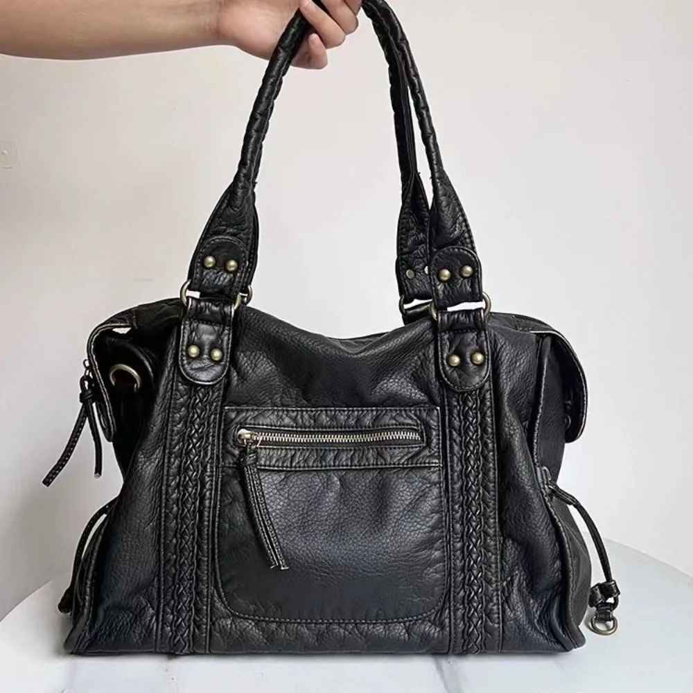 Vintage Washed PU Leather Large Capacity Tote Zip Pockets Braid Decor Shoulder Cross body Bag Women Daily Travel Handbag