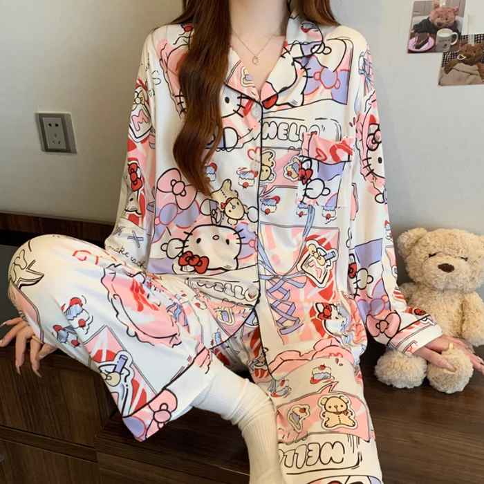 Women's Sweet Hello Kitty Print Pajama Set Autumn Winter Y2K Cute Two Piece Sleepwear Long Sleeve Top and Pants Loungewear