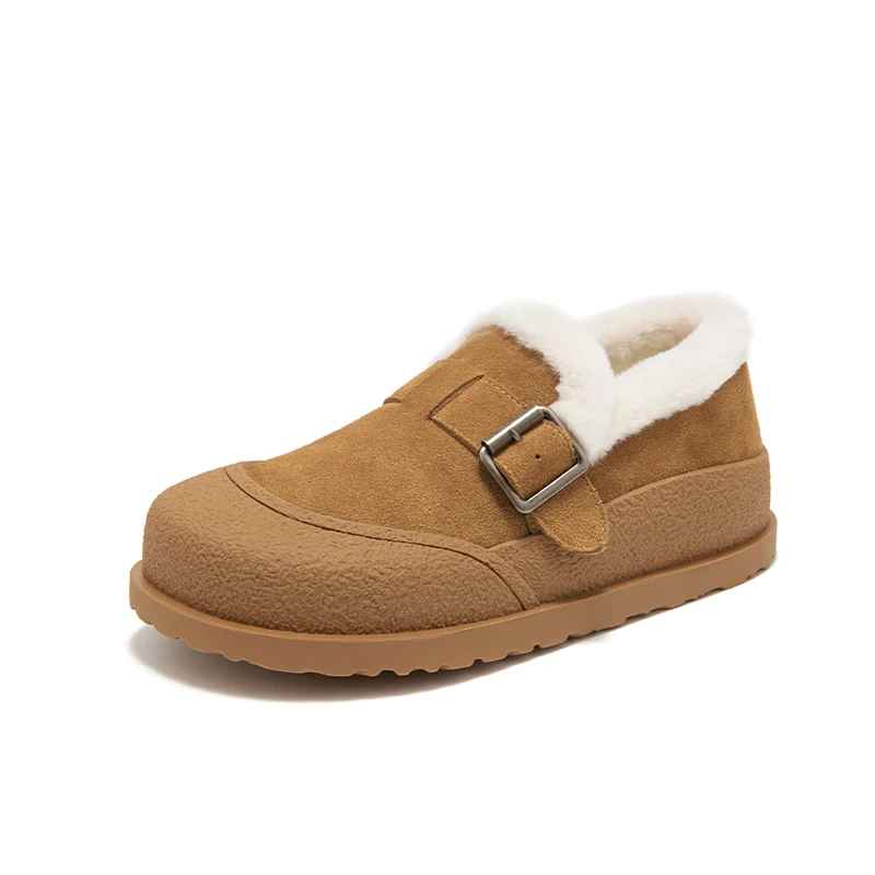 BEAUTODAY Winter Shoes Women Cow Suede Round Toe Buckle Design Warm Short Plush ladies Flat Shoes Handmade 22814