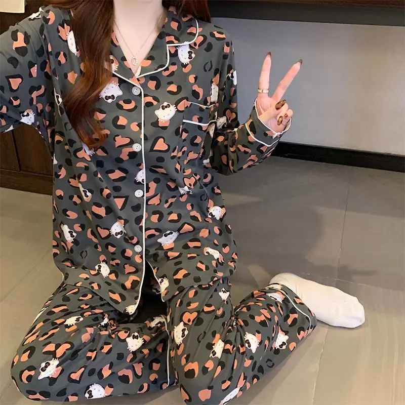 Leopard and Hello Kitty Elegant Women' s Pajama Set Autumn Winter 2 Piece Set Loungewear Lapel Cardigan Top and Pants Sleepwear