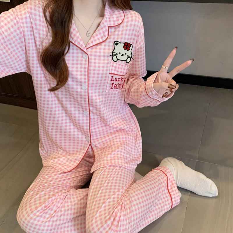 Autumn New Hello Kitty Embroidered Women' S Pajama Set Two- Piece Homewear Y2K Soft Casual Elegant Plaid Loungewear Winter
