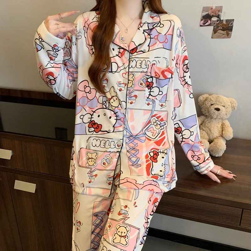 Women's Sweet Hello Kitty Print Pajama Set Autumn Winter Y2K Cute Two Piece Sleepwear Long Sleeve Top and Pants Loungewear