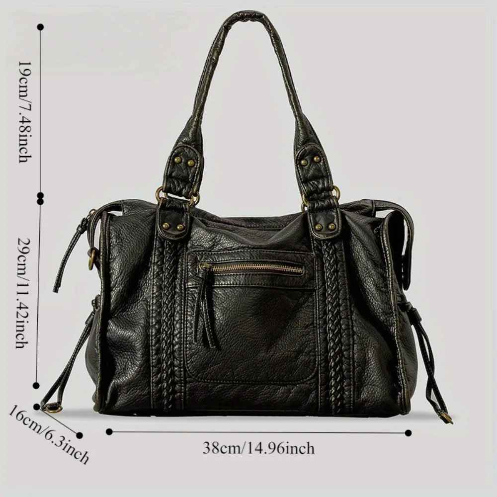 Vintage Washed PU Leather Large Capacity Tote Zip Pockets Braid Decor Shoulder Cross body Bag Women Daily Travel Handbag
