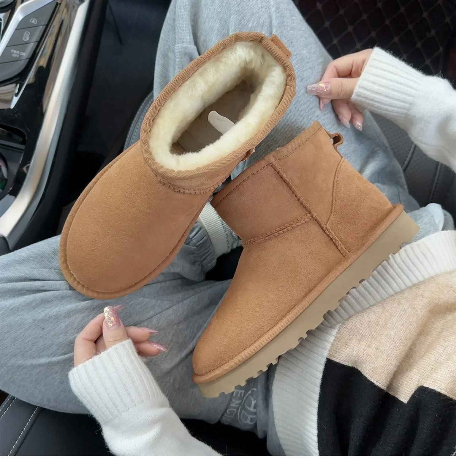 Men's and women's sheepskin and wool integrated snow boots, real leather and fur, winter thick and warm boots for women