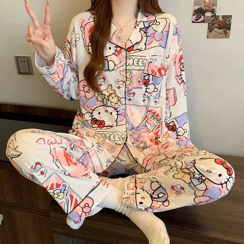 Women's Sweet Hello Kitty Print Pajama Set Autumn Winter Y2K Cute Two Piece Sleepwear Long Sleeve Top and Pants Loungewear