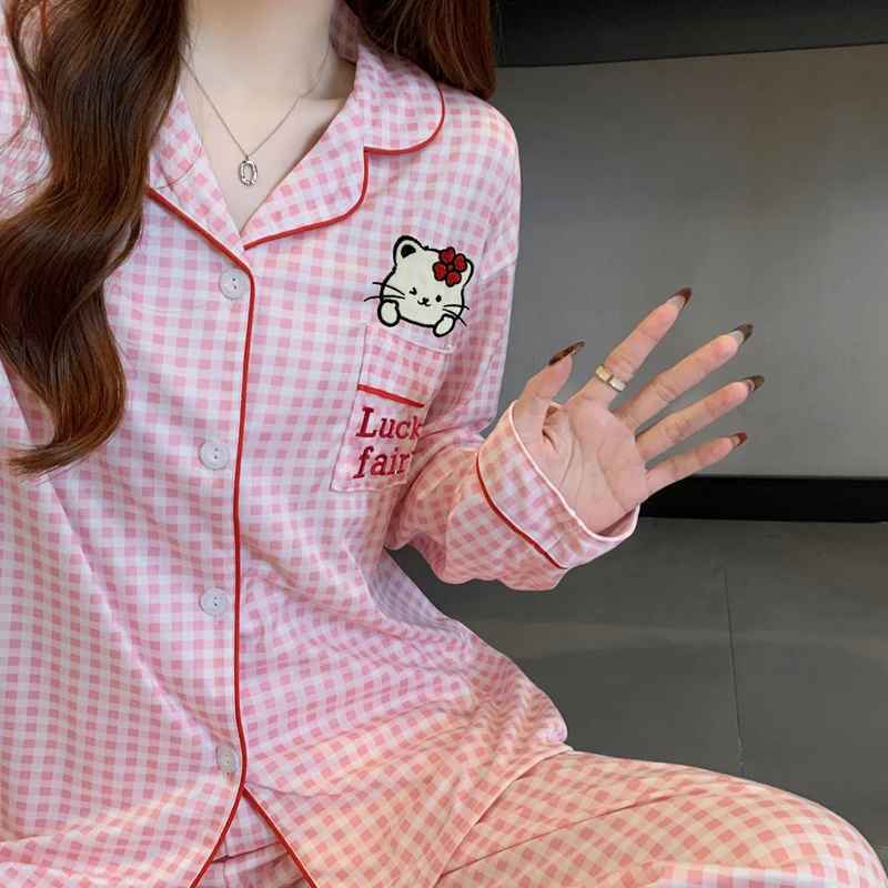 Autumn New Hello Kitty Embroidered Women' S Pajama Set Two- Piece Homewear Y2K Soft Casual Elegant Plaid Loungewear Winter