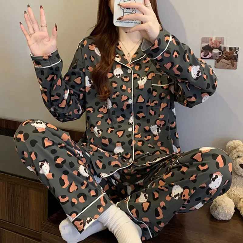 Leopard and Hello Kitty Elegant Women' s Pajama Set Autumn Winter 2 Piece Set Loungewear Lapel Cardigan Top and Pants Sleepwear