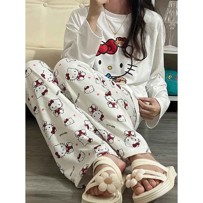 Women's Sweet Hello Kitty Print Pajama Set Autumn Winter Y2K Cute Two Piece Sleepwear Long Sleeve Top and Pants Loungewear