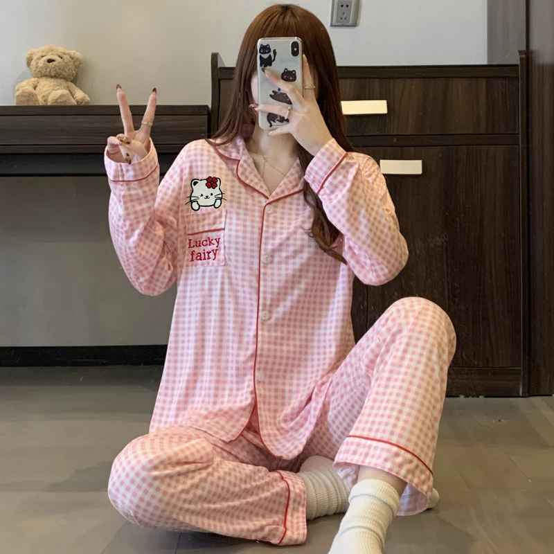Autumn New Hello Kitty Embroidered Women' S Pajama Set Two- Piece Homewear Y2K Soft Casual Elegant Plaid Loungewear Winter