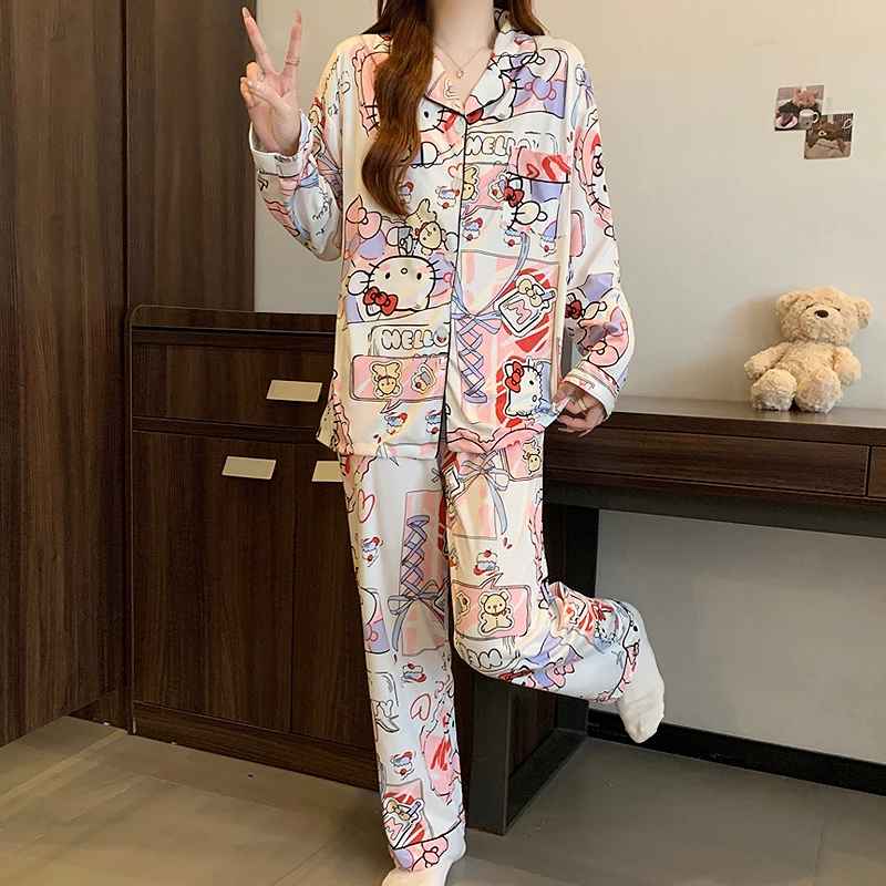 Women's Sweet Hello Kitty Print Pajama Set Autumn Winter Y2K Cute Two Piece Sleepwear Long Sleeve Top and Pants Loungewear