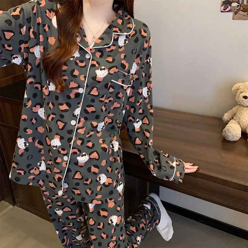 Leopard and Hello Kitty Elegant Women' s Pajama Set Autumn Winter 2 Piece Set Loungewear Lapel Cardigan Top and Pants Sleepwear