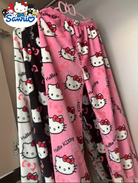 Hello Kitty Matching Flannel Pants for Teens and Girls – Soft Fleece-Lined Pajama Bottoms, Warm Winter Sleepwear with Cute Character Prints, Perfect for Home, Lounge, or Outdoor Wear